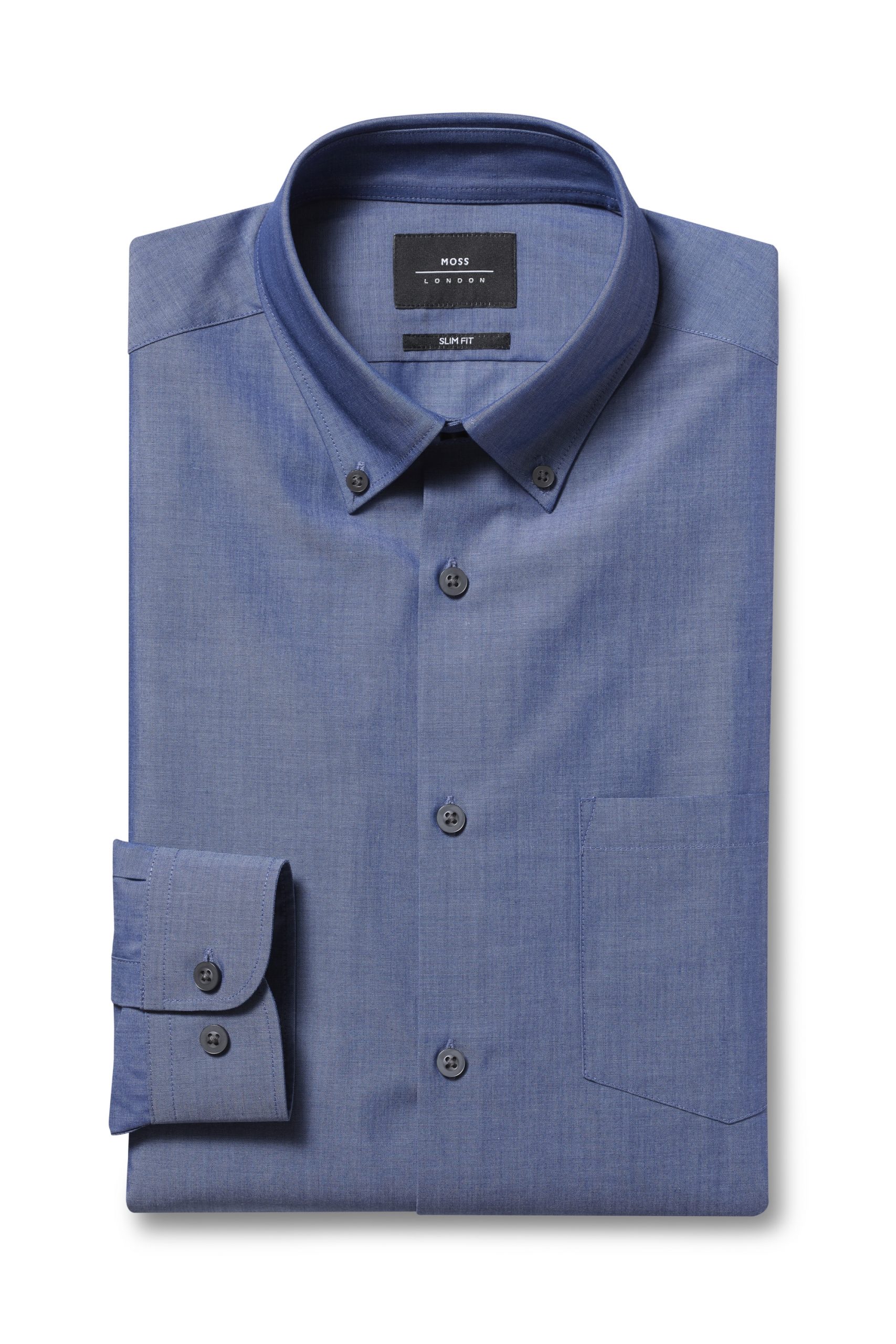 Moss London Slim Fit Blue Single Cuff Button Down Chambray Shirt | S.M ...